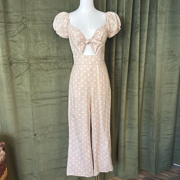 Privacy Please Beige/pink Polka Dot cut out Jumpsuit, XS - Picture 2 of 11